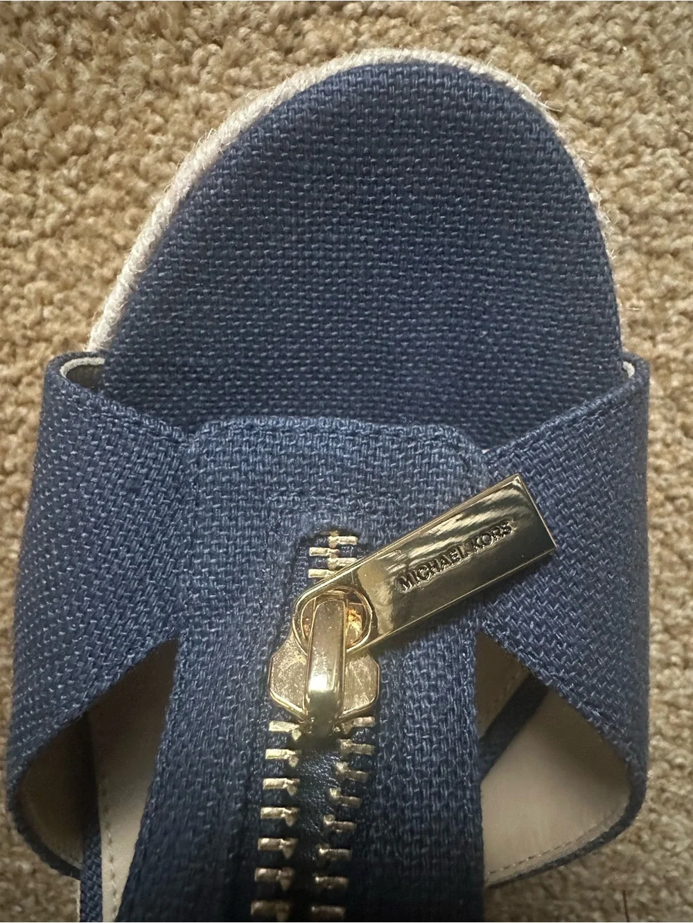 Michael Kors Navy Canvas Zip Wedge Berkley Sandals with Espadrille Heel